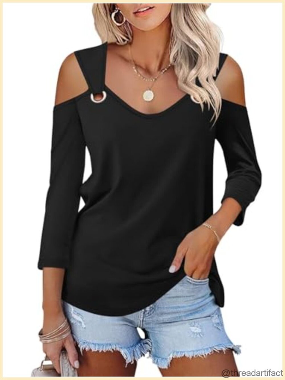 Women's V Neck 3/4 Sleeve Cold Shoulder Top Polyester Cotton Spandex Casual